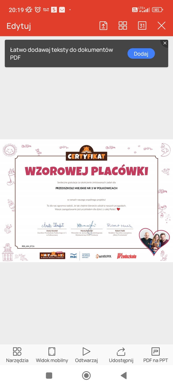 Certyfikat wzorowej Plac&oacute;wki 